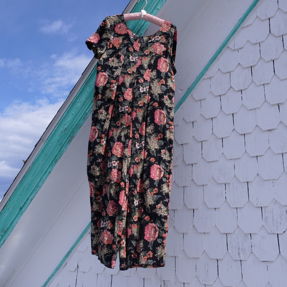 Vintage 90s Wrapper dark floral‎ rayon wide leg jumpsuit - Picture 7 of 8